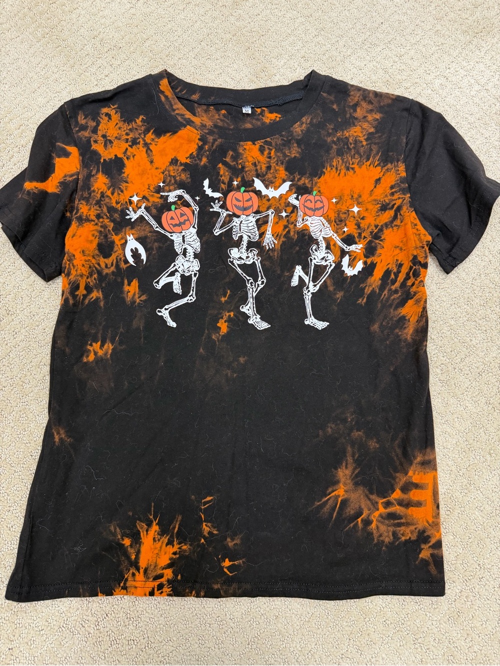 Women’s Halloween Pumpkin Skeleton Tie-Dye T-Shirt - Black & Orange